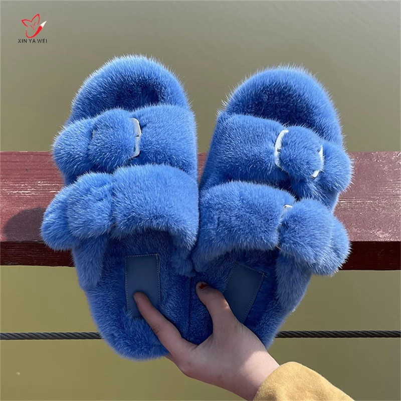 Mink Slippers European Stand Women's Real Mink Fur Slippers Fashion Ladies Furry Slippers Girls Flat Slippers Outside Shoes