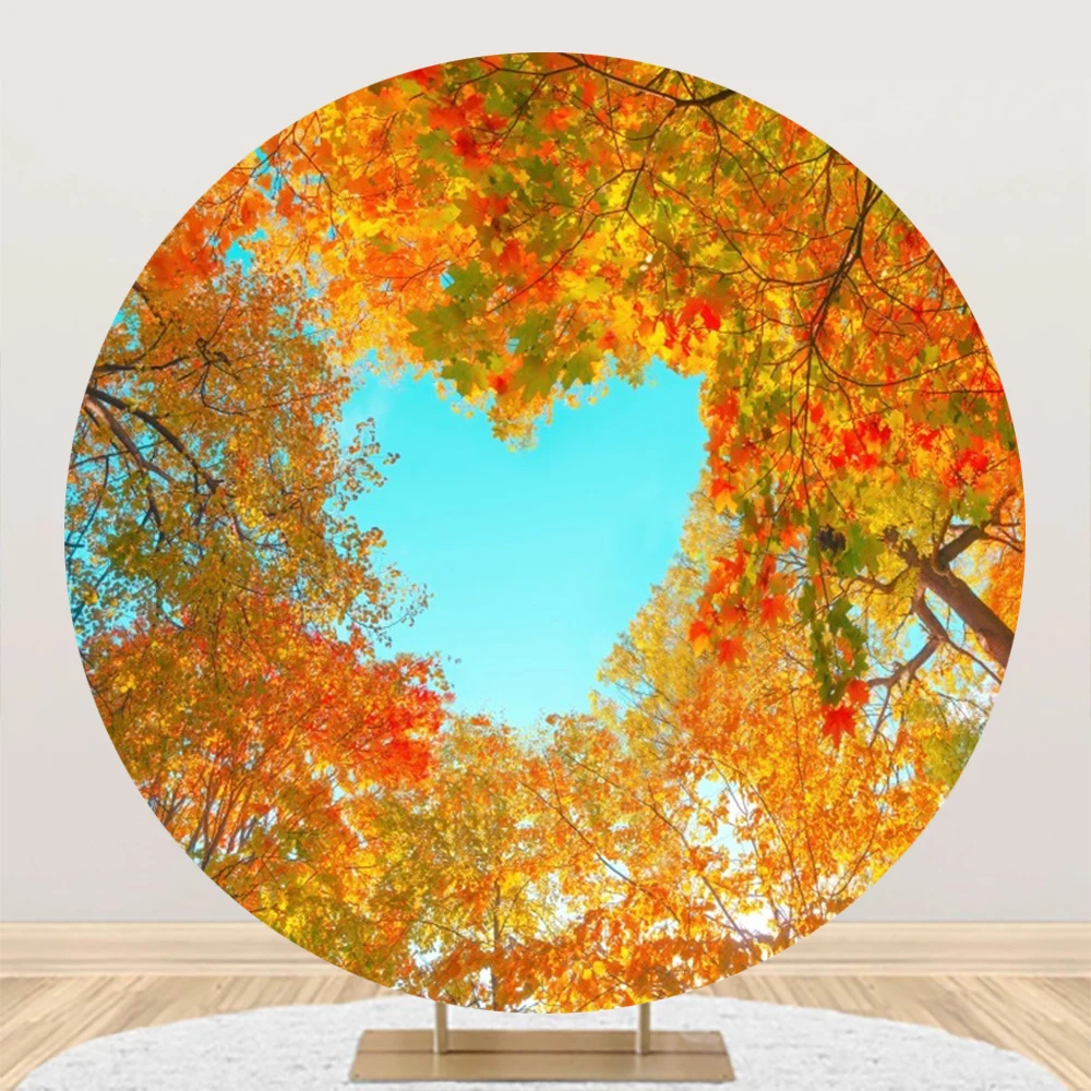 

Autumn Scenery Round Backdrop Cover Heart-shaped Fall Leaves Red Maple Forest Golden Ginkgo Trees Circle Photo Background Decor