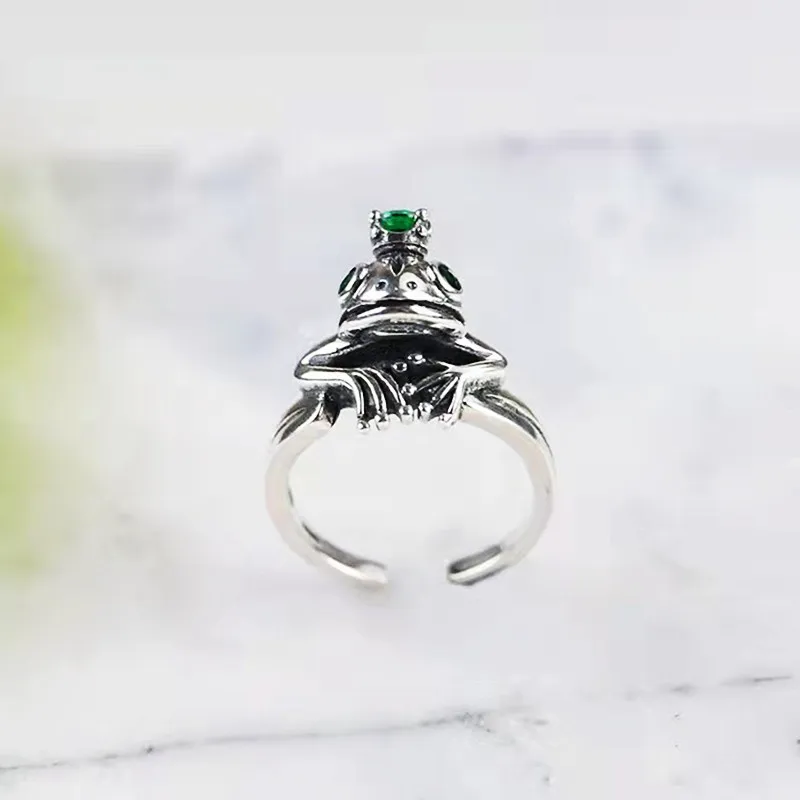 Vintage Silver Color Frog Prince Rings for Men Women\'s Inlay Green CZ Zircon Crystal Frog Animal Adjustable Rings Punk Jewelry