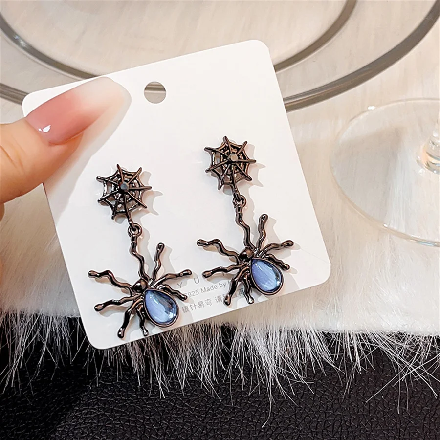 New Punk dark Gothic Women's Moonstone Spider Earrings Fashion Cute Spider Web Dangle Drop Earring Halloween Party Jewelry Gift