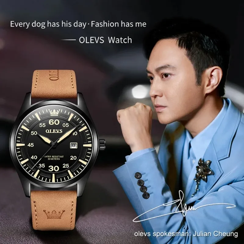 OLEVS-Relógio Quartz de Couro Masculino, Marca de Luxo, Movimento, Esportes, Impermeável, Luminoso, Calendário, Grande Dial, 43mm