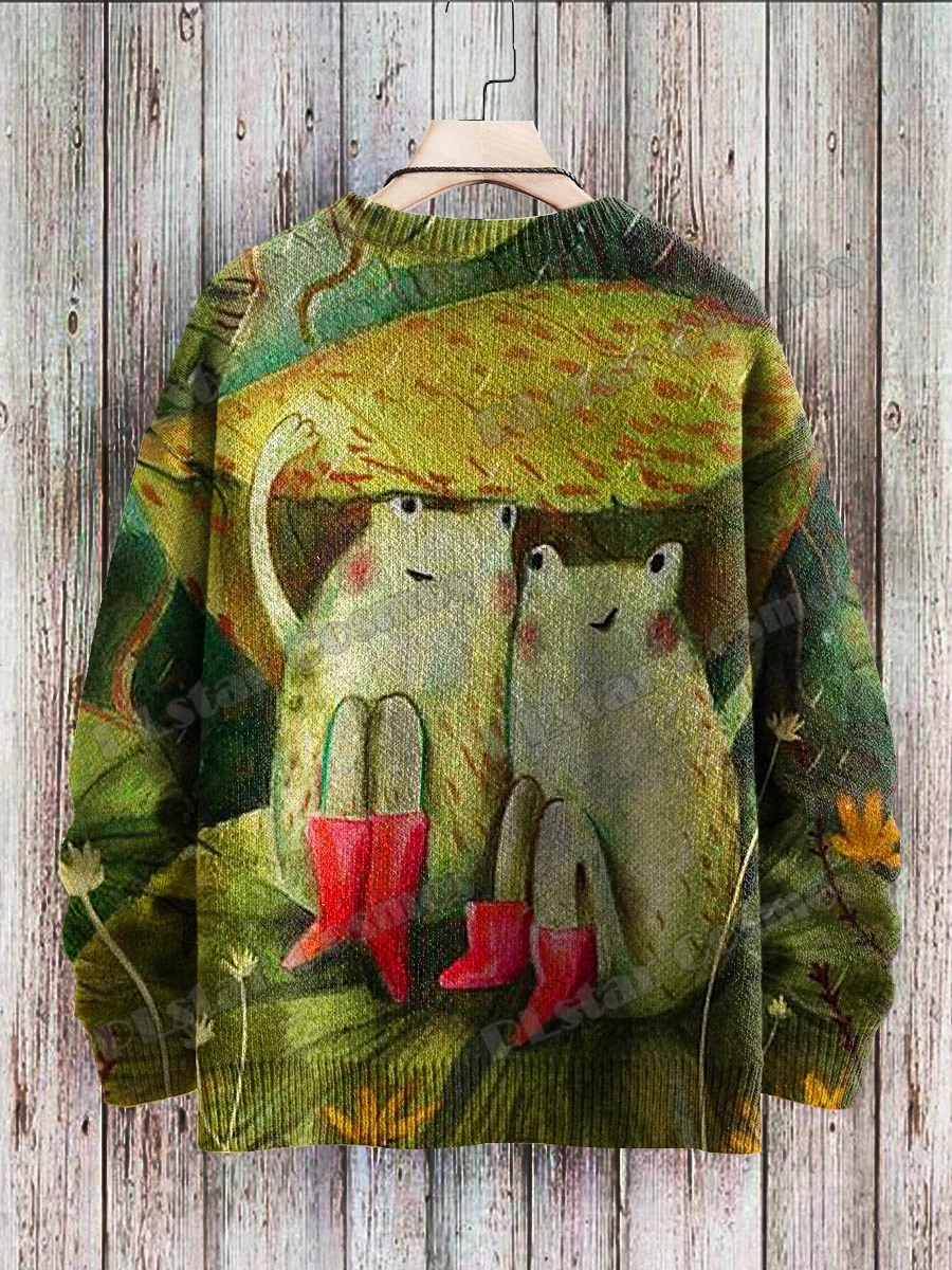 Funny Frog Dance Music Moon Art Pattern 3D Printed Men's Knitted Pullover Winter Unisex Casual Knit Pullover Sweater ZZM121