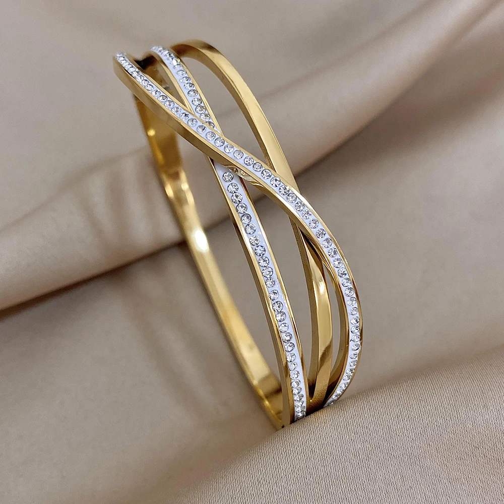 Simple Crossed Rhinestones Bangle Stainless Steel Bracelet for Women Couple Fashion Gold Color Waterproof Jewelry Gifts