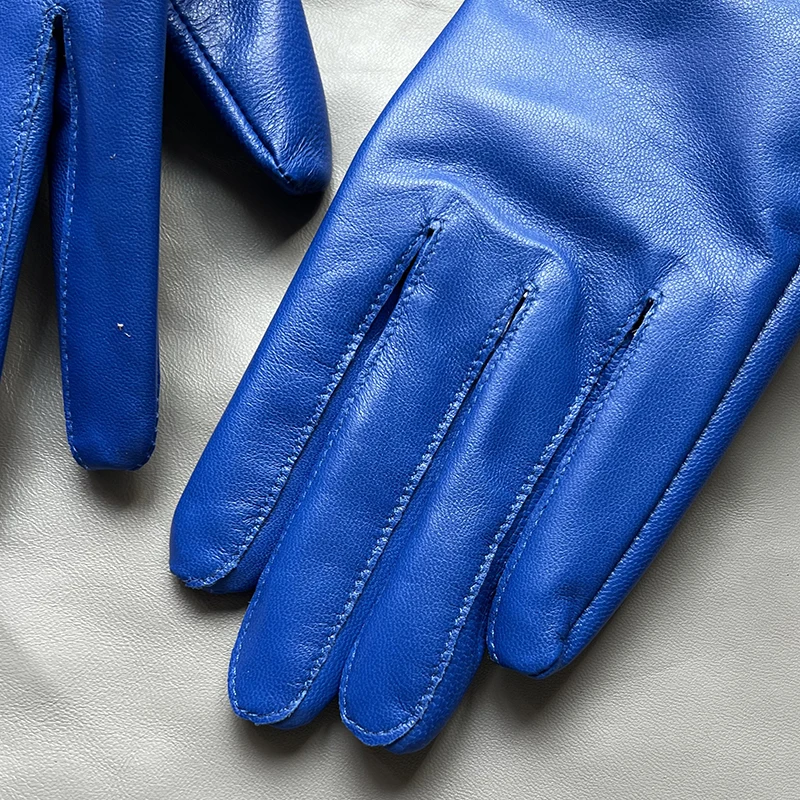 Guantes de cuero azules para hombre, guantes de piel de oveja para mujer, forro fino en primavera, forro de terciopelo en otoño e invierno cálido