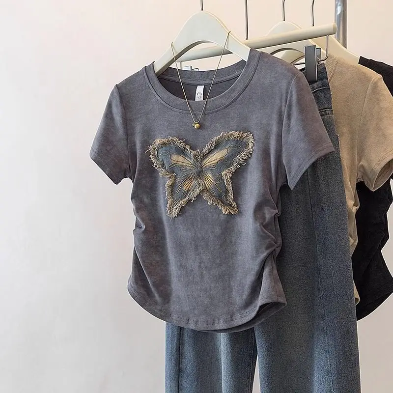 

Женская футболка Y2K с коротким рукавом, летняя, облегающая, уникальная, универсальная, с принтом бабочки