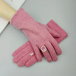 Korean Shiny Rhinestone Pearl Wool Warm Gloves Women Winter Outdoor  Driving Touch Screen Plus Velvet Thick Embroidery Cashmere