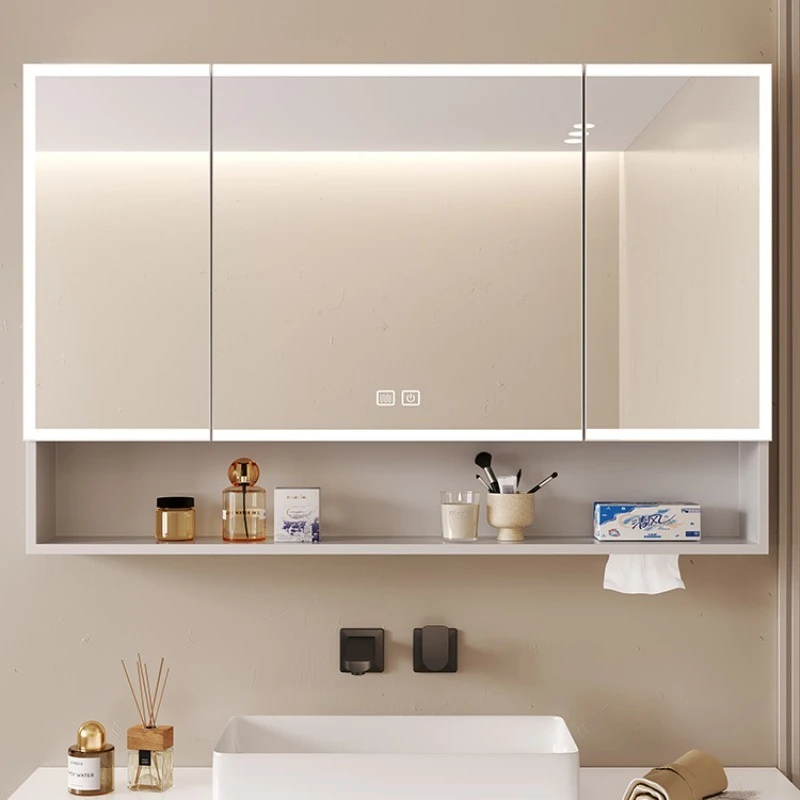 Space Aluminum Bathroom Mirror Cabinet Bathroom Furniture Wall-mounted Mirror Light Integrated Cabinets With Storage Rack