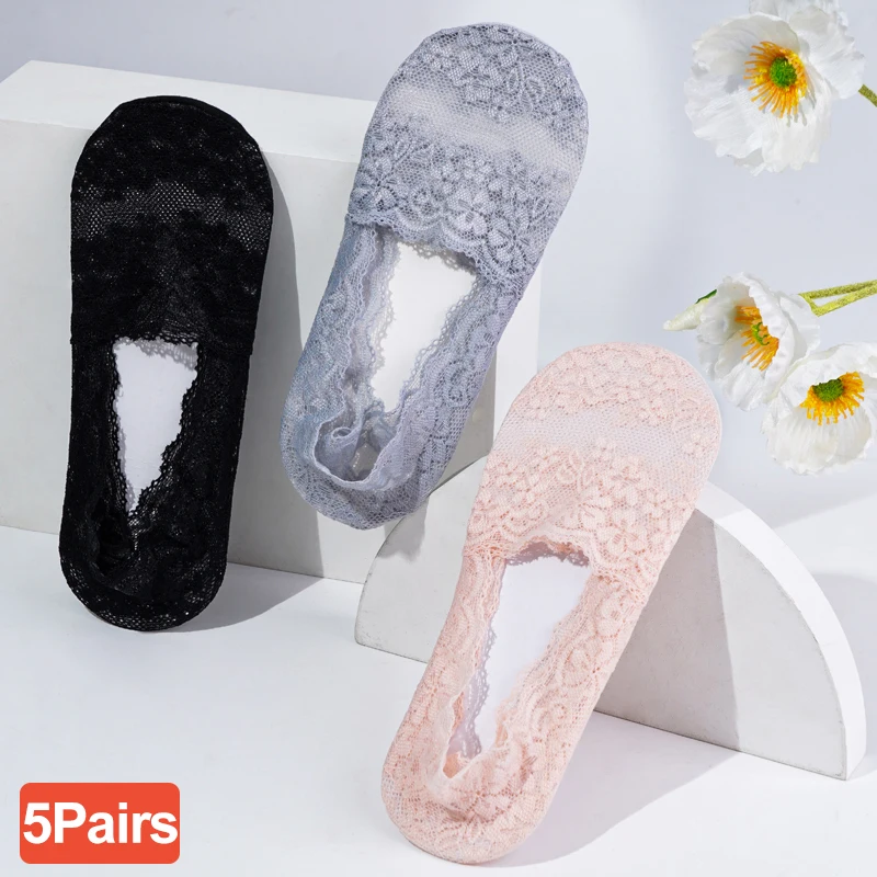 5 Pairs Women Lace Flower Socks Sexy No Show Invisible Ankle Socks Soft Anti-Slip Short Socks