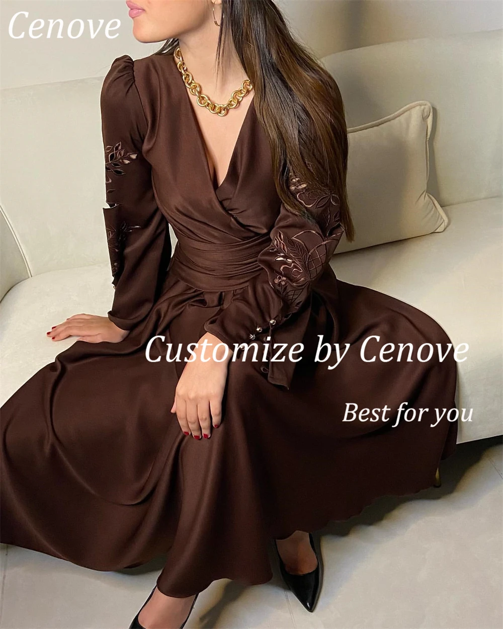 Cenove Long Sleeves A-Line Evening Gown Formal Princess V-Neck Embroidery Prom Russet Brown New Party Dresses for Women 2023