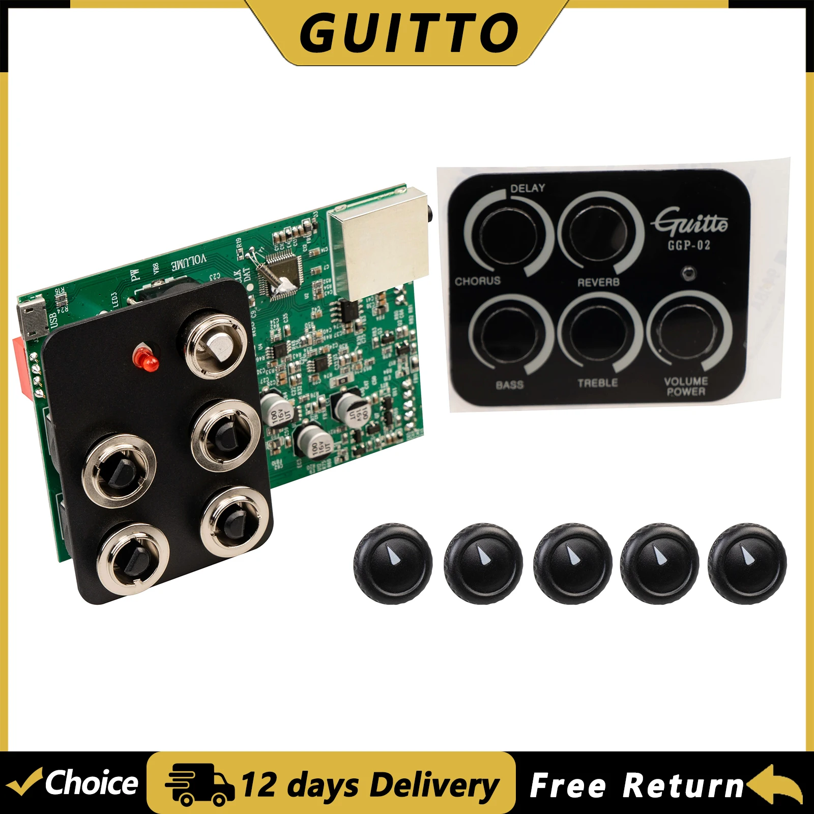 

GUITTO GGP-02 Guitar Pickup Preamp Piezo Pickup Reverb Delay Chorus Acoustic Guitar Pickups for 36-42 Inch Guitars
