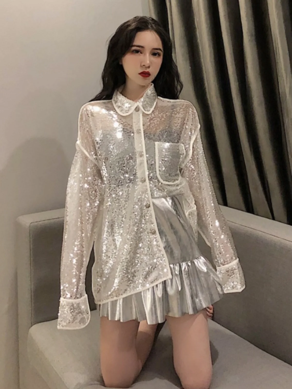 2025 Spring New Girl Blingbling Sequined Shirts Long Sleeve Shirt Trendy Female Solid Color Single Breasted Tops Women's Clothes