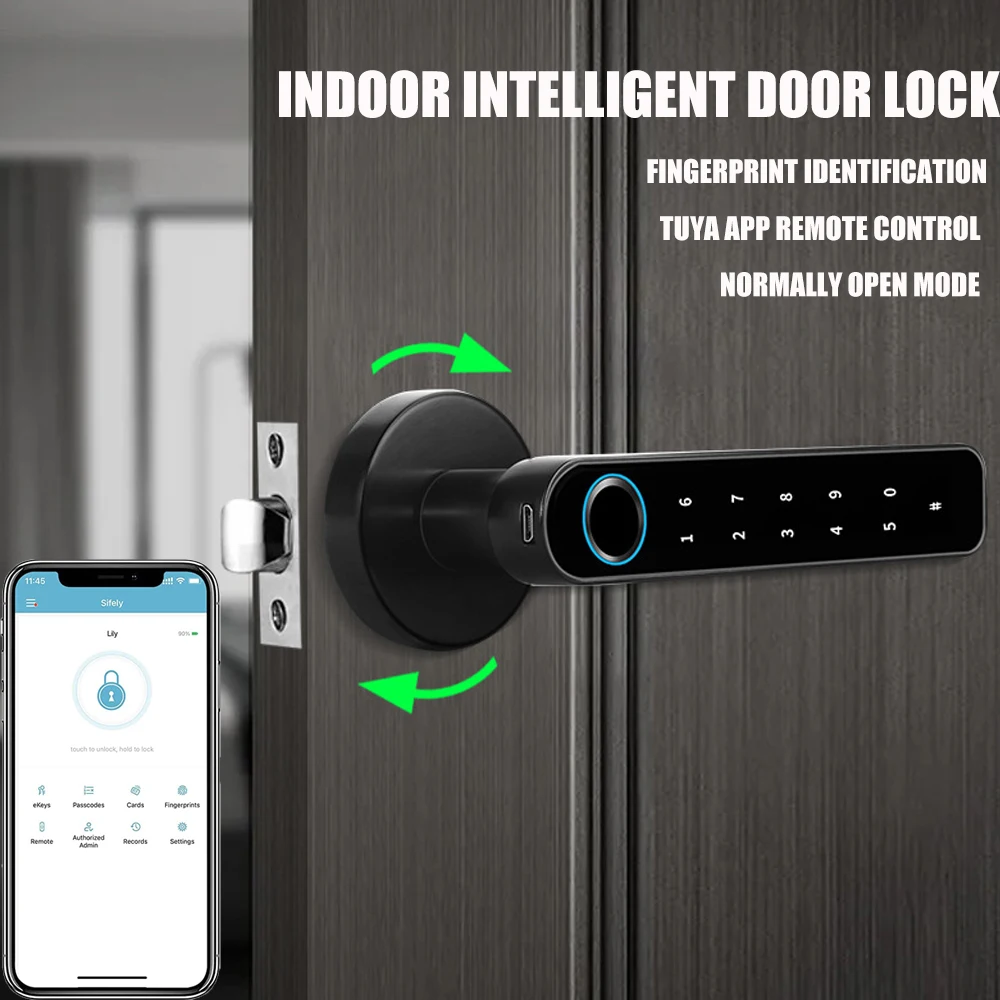 PHIPULO Tuya APP Remote Control Smart Fingerprint Password Lock Electric Biometrics Code Number Single Latch Door Lock With Key