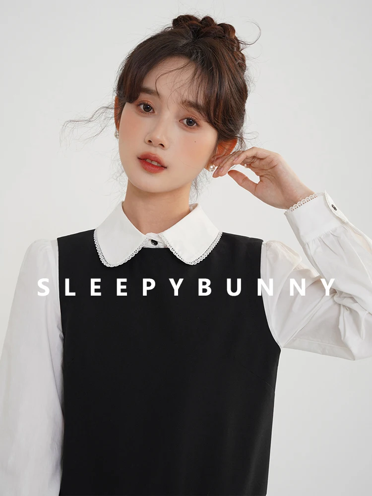 

Elegant Contrast Color Pleated Dress for Women Short A-line Belted Mini Dress with Shirt Collar Preppy Style Spring Fall Outfit
