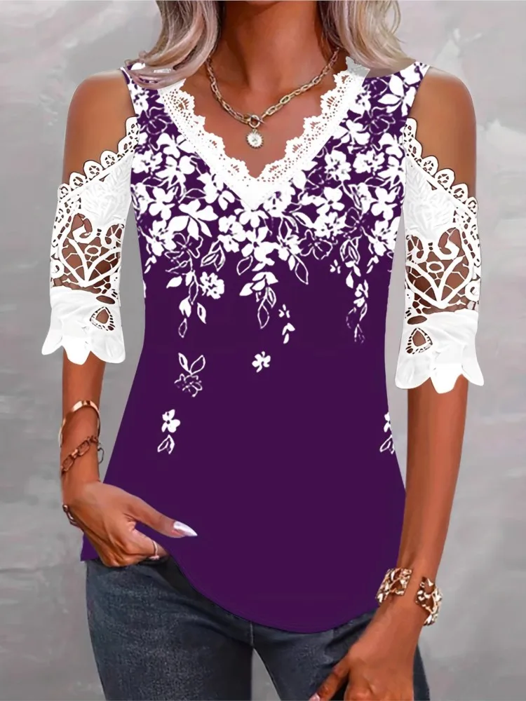 Lace Hook Flower Hollow T Shirt Lady Fashion Print Short Sleeve Off Shoulder V Neck Tshirts Tops For Women Casual Holiday Boho