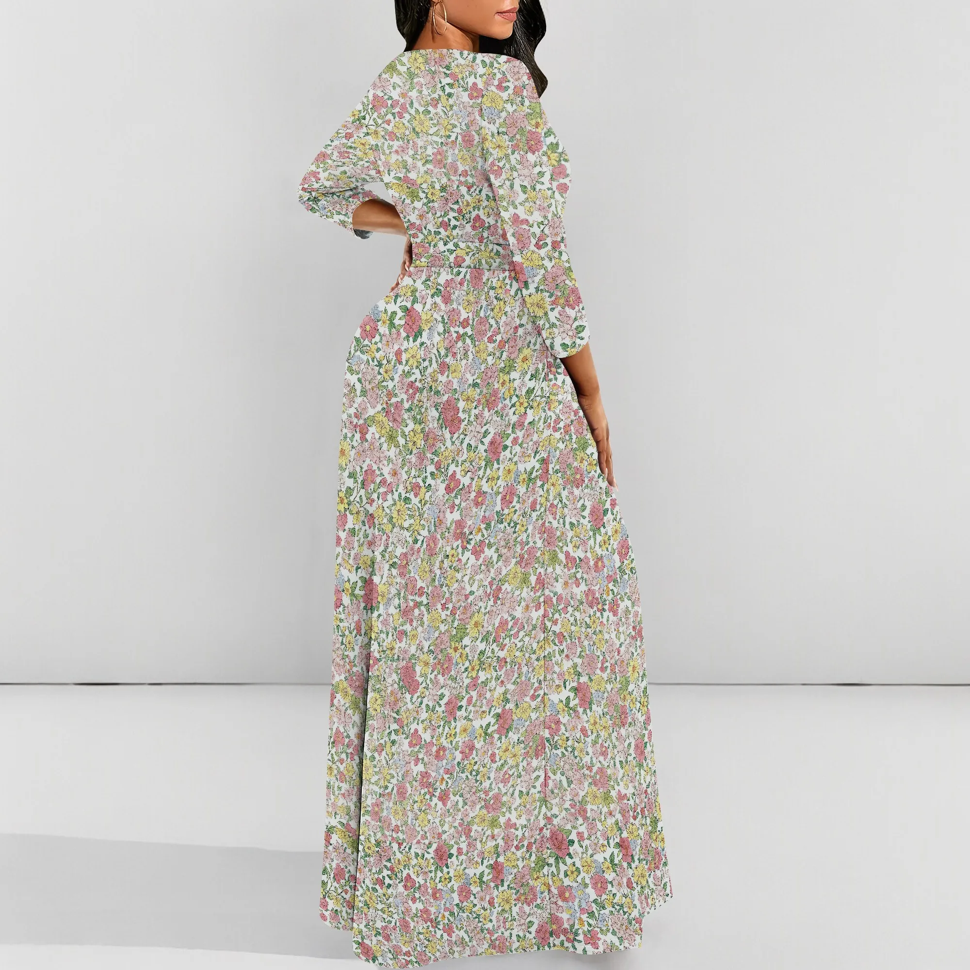 ชุดเดรสพิมพ์ลายดอกไม้พฤกษศาสตร์สตรี Casuel Crew Neck Long Maxi Dresses พร้อมเข็มขัด