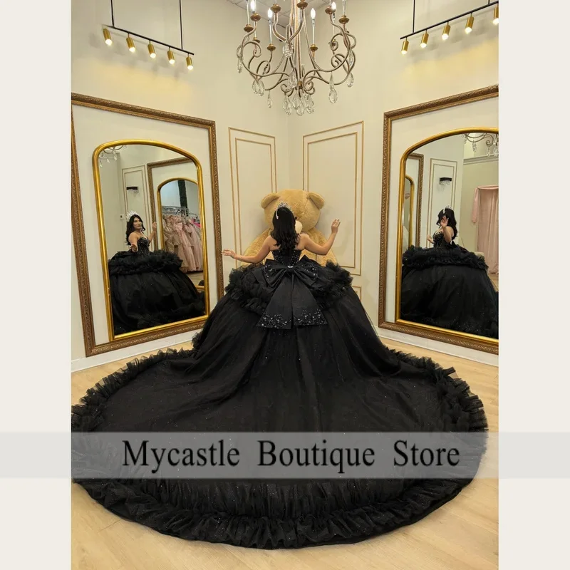 Customized Luxury Black Quinceanera Dresses Off Shoulder Beaded Applique Illusion Corset Ball Gown Pageant Party Dress
