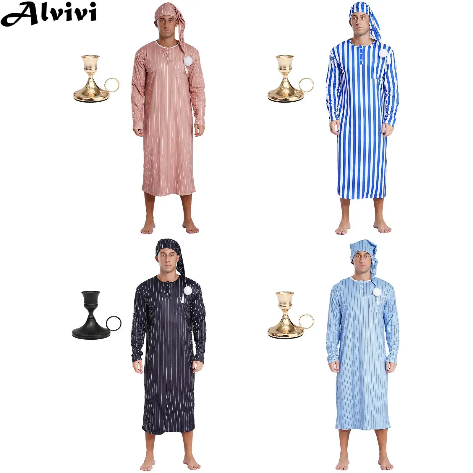Men Christmas Striped Sleep Robe with Hat Candlestick Long Sleeve Loose Pajama Nightgown Xmas Eve New Year Party Prayer Costume