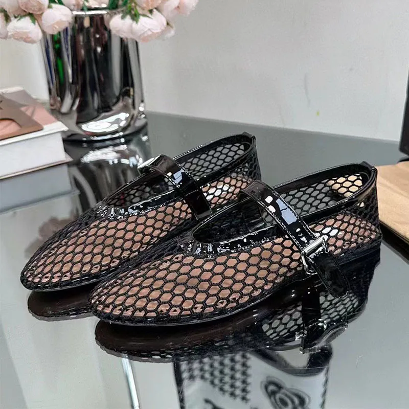 New Ballet Flat Shoes Women Mesh Hollow Outs Mary Jane Shoes Genuine Leather Loafers Rivet Studded Summer Walking Shoes Woman