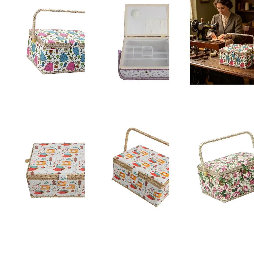 

Sturdy Wooden Sewing Accessories Case With Fabric Exterior And Closures Systems D2RD