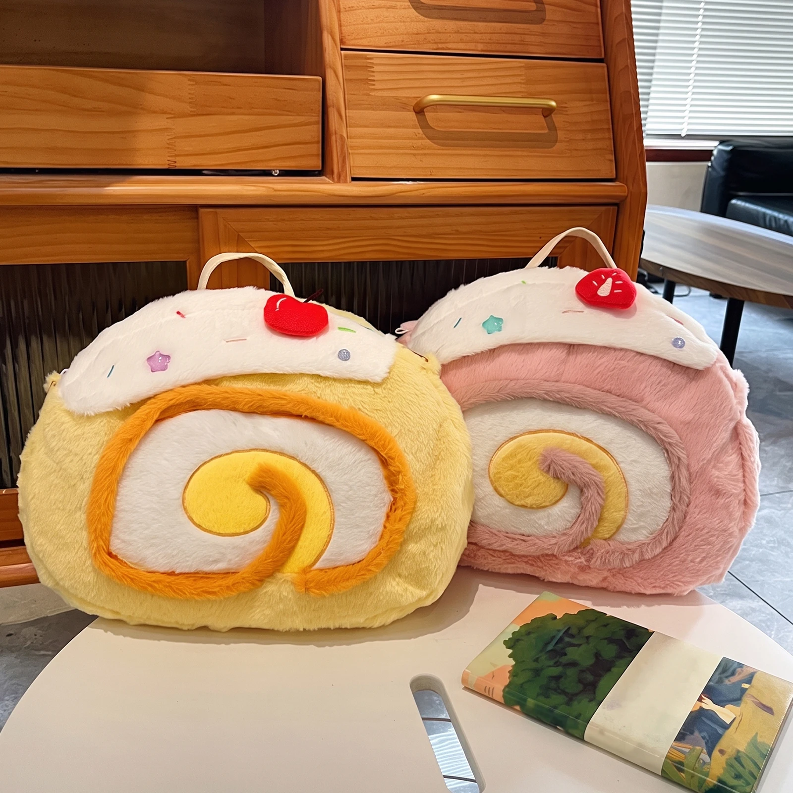 Kawaii Roll Cake Plush Backpack Cherry Embroidery Large Capacity Cute Girls Bag Adjustable Strap