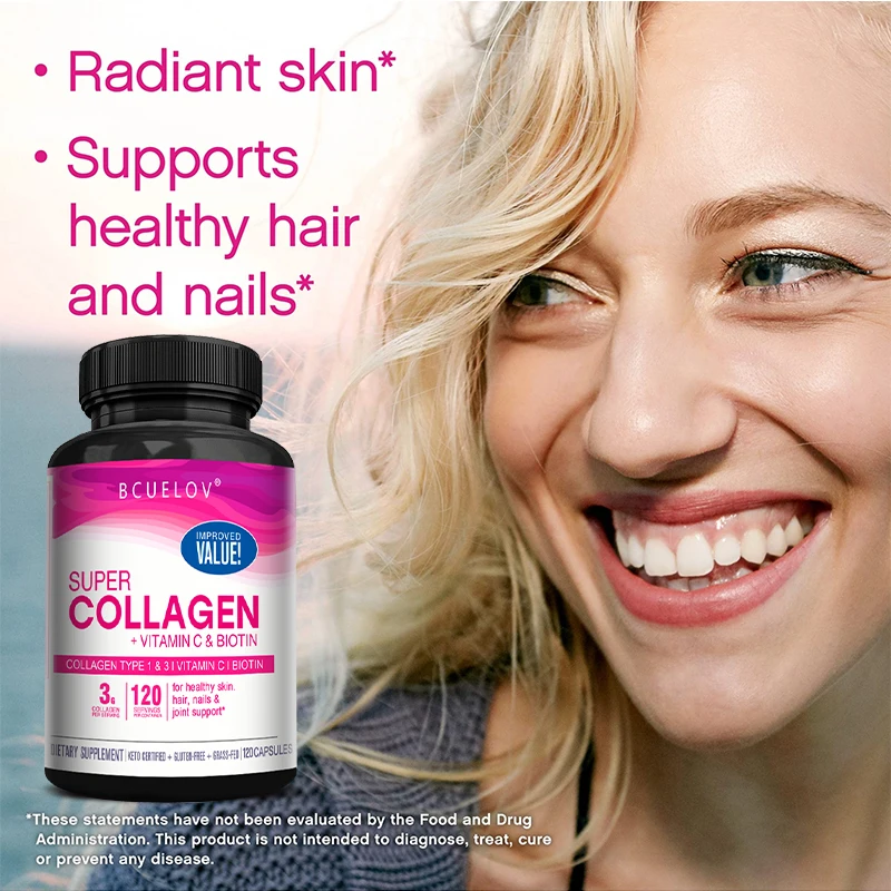 Bcuelov Collagen + Vitamin C + Biotin Supplement - For Skin, Joint Health, Energy Supplement, Immune Support, Non-GMO