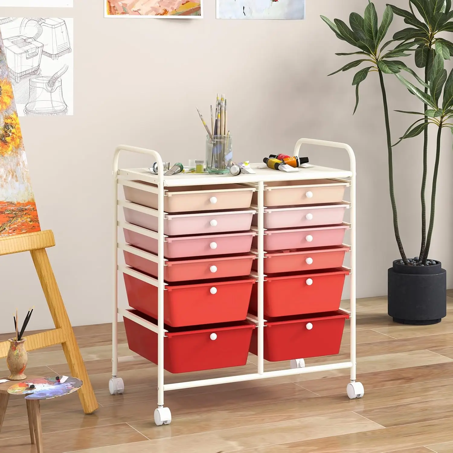 Craft Organizers and Storage Cart - Rolling Cart with 12 Drawers, Wheels, Mobile Rolling Utility Cart for School, Office,