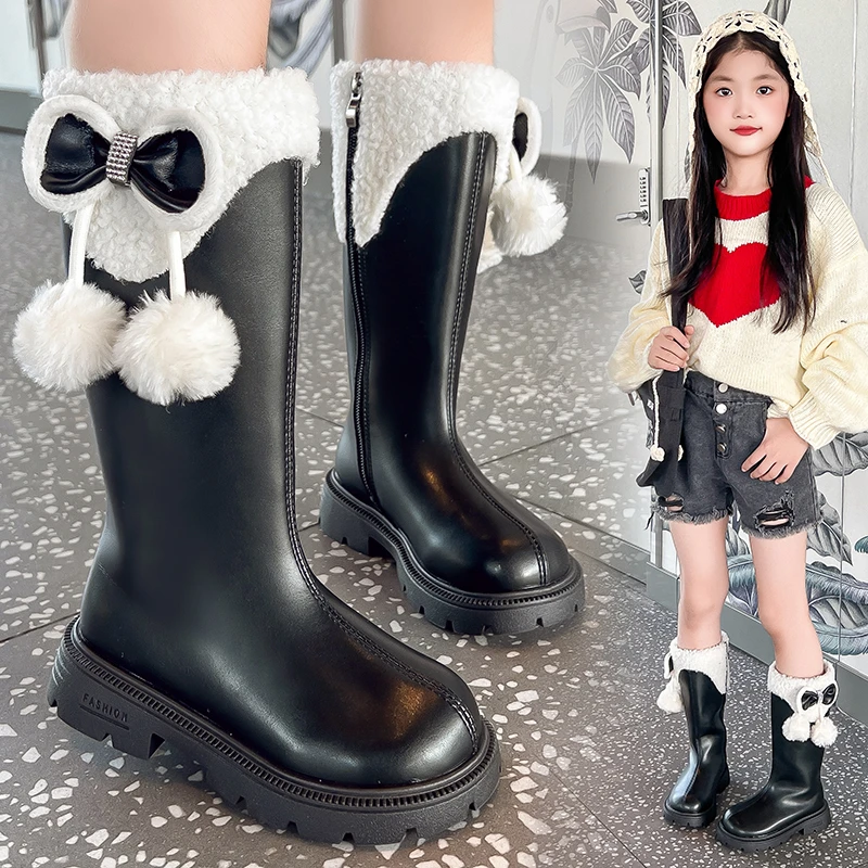 

2025 New Kids Mid-calf Boots for Girls Winter Kids Thermal Boots with Plush Ball Soft Sole Princess Girls Christmas Party Boots