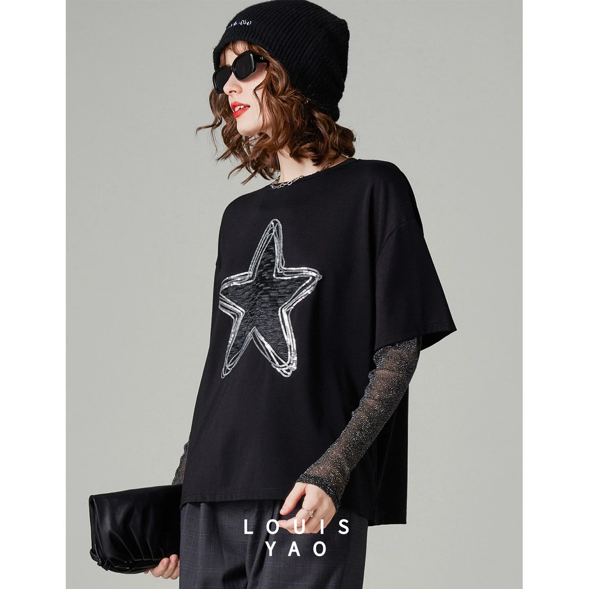

LOUISYAO 2026 Spring Autumn Women's Long Sleeve T-Shirt Fake Two-Piece Shiny Lurex Sequin Embroidery Lazy Style Casual Tee
