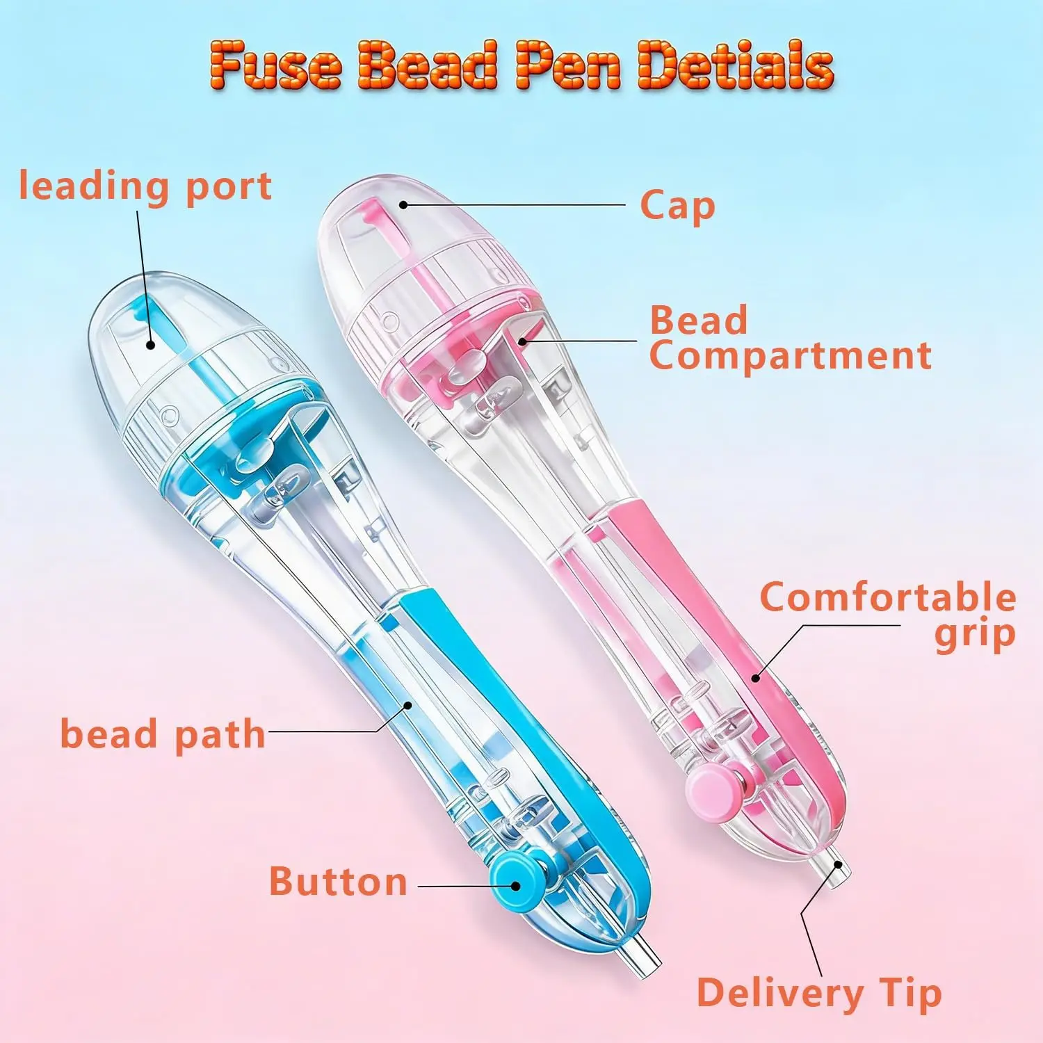 2 Pack Fuse Beads Pen for 2.6mm Beads , Transparent Dispenser, High Capacity Chamber, Time-Saving & Precise DIY Crafting