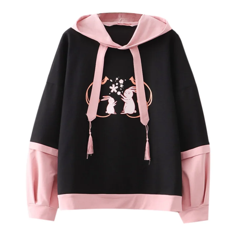 

Preppy Bunny Thin Hoodies Pullover Pink Black Cute Cartoon Graphic Cotton Comfy Soft Trendy Sweatshirts Women Fall Clothes 2023