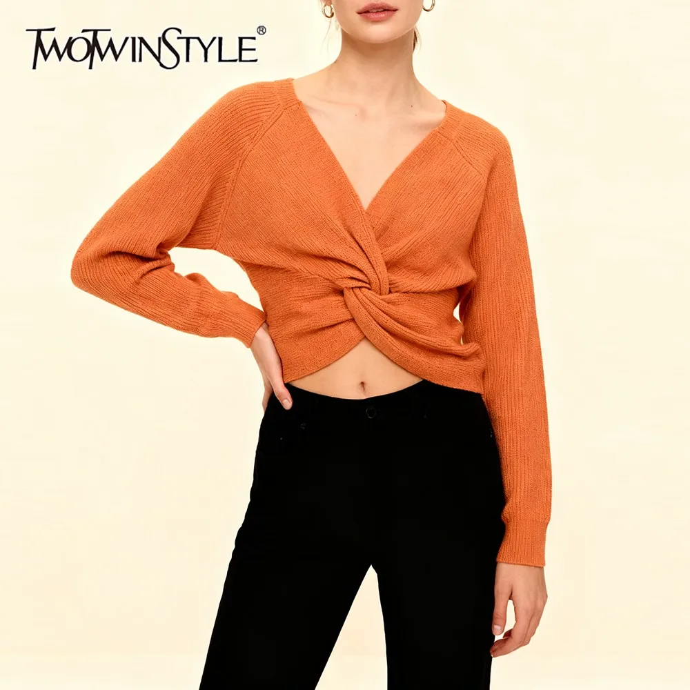 

TWOTWINSTYLE Irregular Short Slimming Pullovers for Women V Neck Long Sleeve Patchwork Knot Designer Knitted Sweater Female New