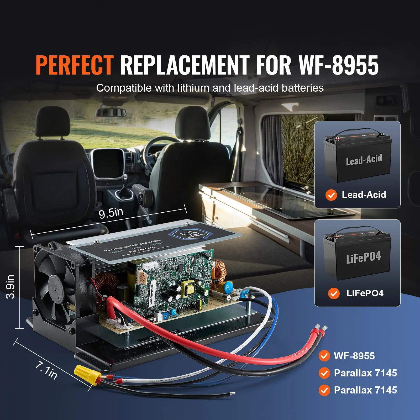 WF-8955-AD-MBA Main Board Assembly, 55 Amp, Three-Stage RV Power Converter Replacement Unit, Compatible with Lithium Lead Acid B