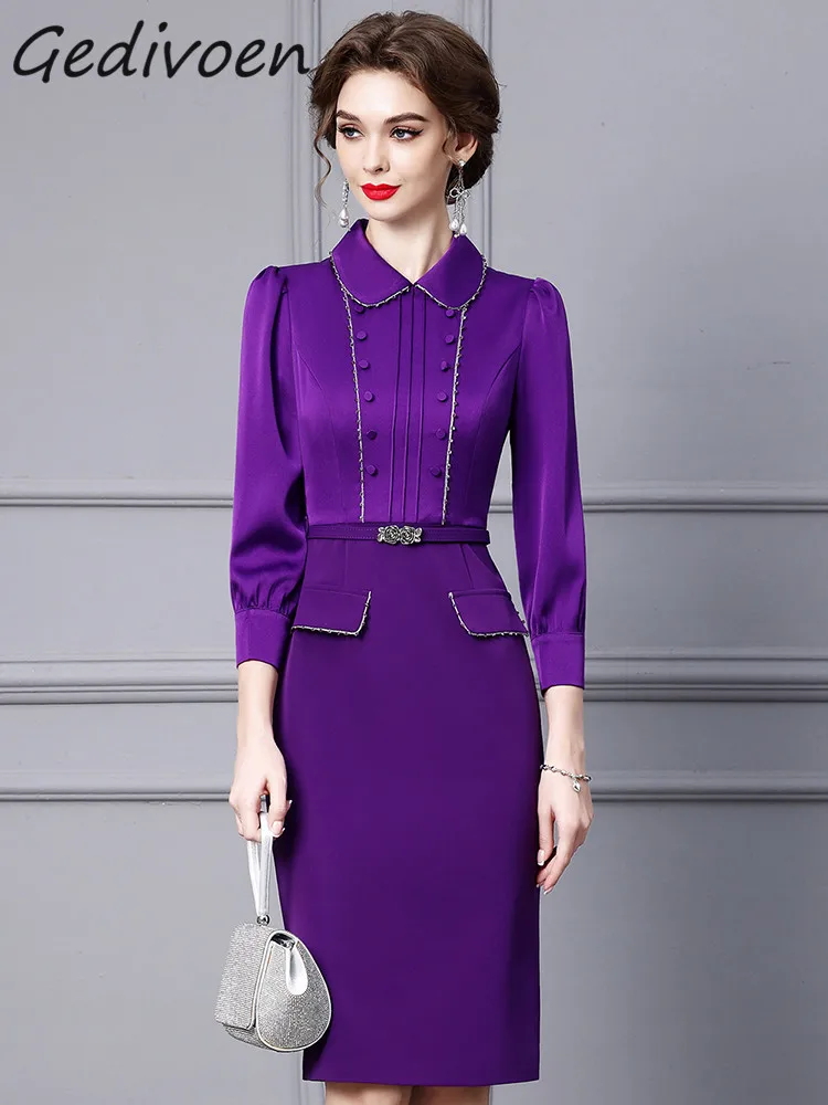 Gedivoen Autumn Fashion Designer Purple Vintage Party Dress Women\'s Lapel Beading Button Sashes Gathered Waist Slim Midi Dress