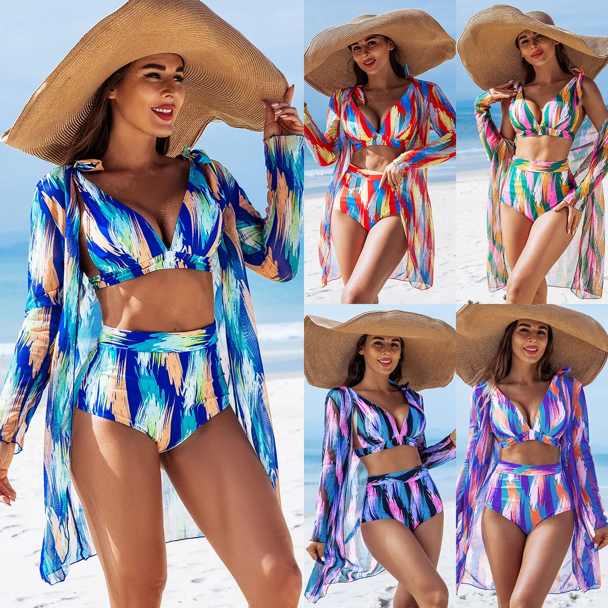 

Bathing Suit Women High-end Fashion Sexy Mesh Blouse Multi-color Three-piece Bikini BIKINI Women's Swimsuit