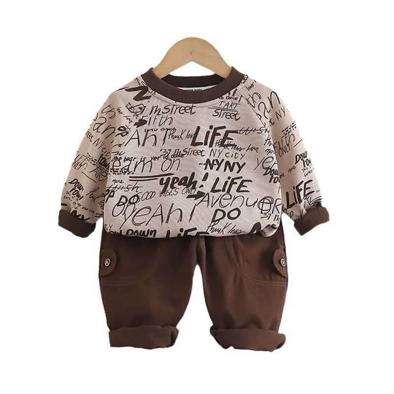 2025年春・秋向け高級ベビー服-男の子用-カジュアル-レタープリント-oネック-長袖プルオーバー＆パンツ-上下2点セット