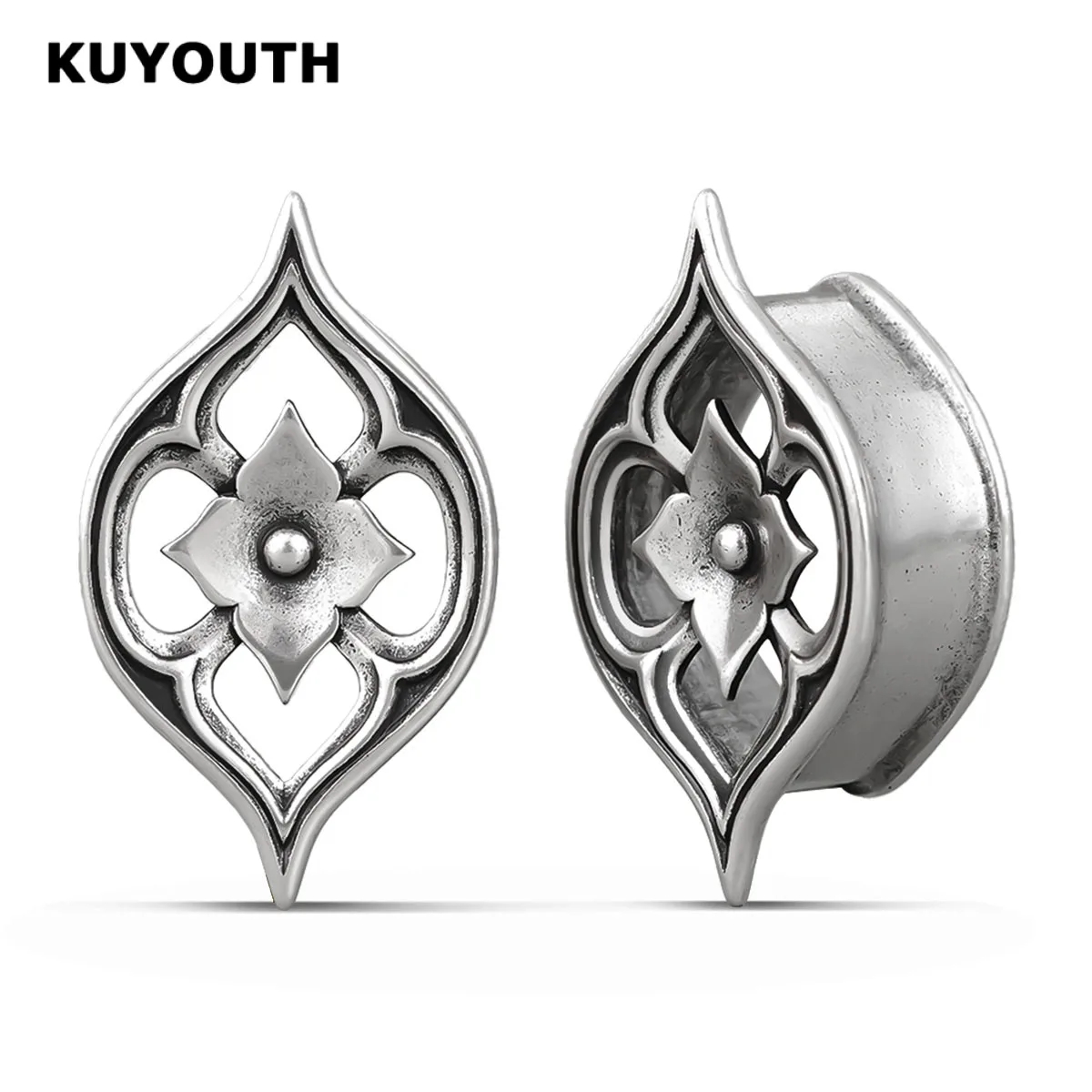 KUYOUTH Vintage Lotus Flower Ear Tunnel Plugs Gauges Hollow Ear Stretchers Expanders Piercing Jewelry for Stretched Ears