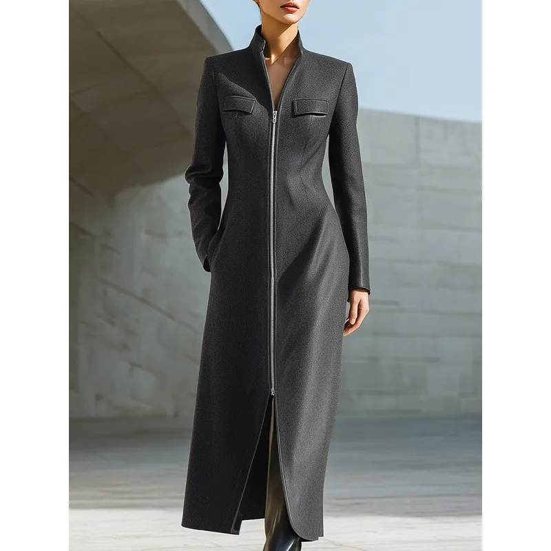 Tinha سترات طويلة من الجلد باللون الرمادي الرسمي للنساء للخريف والشتاء على شكل حرف a ورقبة واقفة وأكمام طويلة وسحاب وحاشية معاطف كلاسيكية من البولي يوريثان 195310