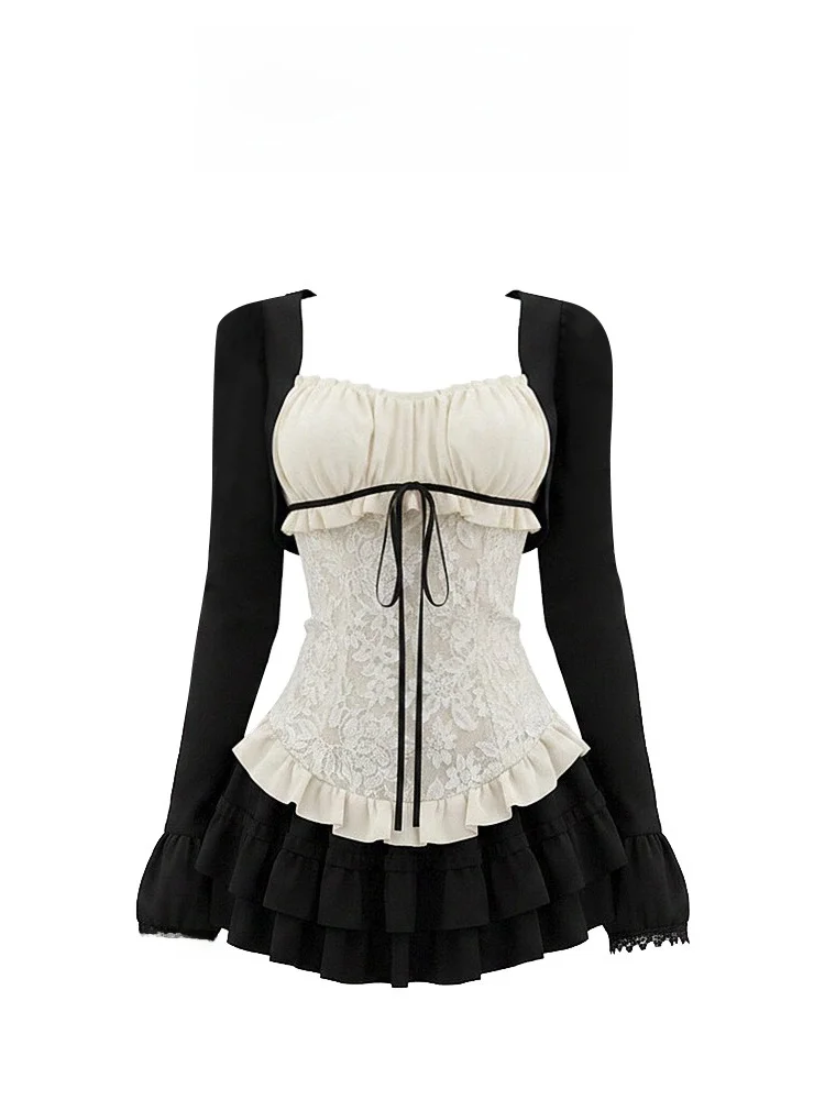 Pure Desire Lace  Knot Color Block High Waist Women's Vest And Skirt Set Summer Slimming Black Flower Bud Design image 3