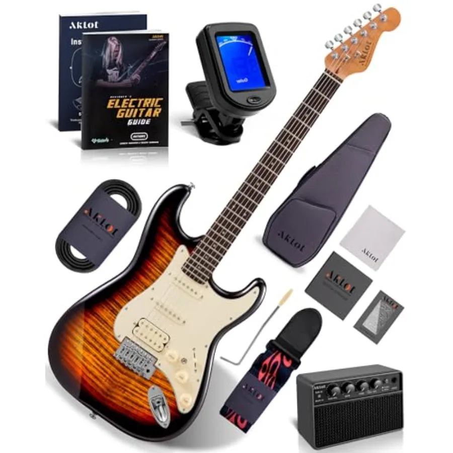 

Набор для начинающих: электрогитара с усилителем 10 Вт, раздельными HSS-звукоснимателями, грифом из обожженного клёна, покрытием Stryde Inferno Burst, включая уроки