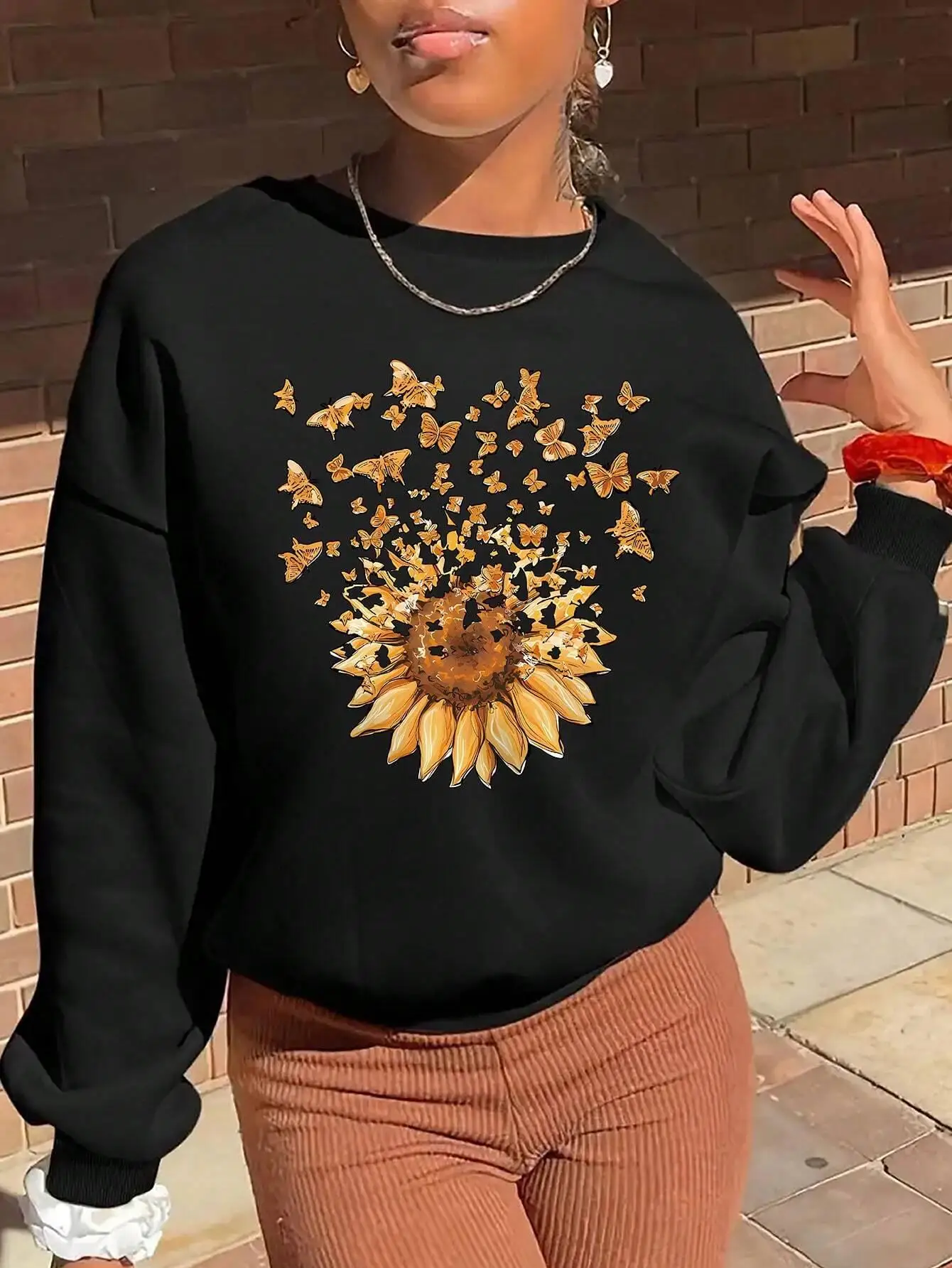 Sunflower And Butterfly Printing Women Hooded Autumn Oversized Hoodie Fashion Casual Clothes Vintage Soft Sweatshirts Female