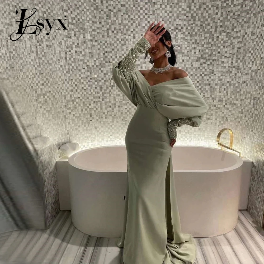 

LSYX Saudi Arabic Women Sage Green Mermaid Evening Dresses Off the Shoulder Long Sleeves Glitter Prom Gowns Formal Party Dress