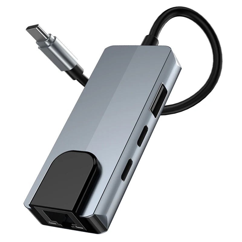 4 in 1 USB Type C To RJ45 Lan Network Card with 2* USB-C 1*USB-A 2.0 1*RJ45 100Mbps USB C To Ethernet Adapter for Laptop