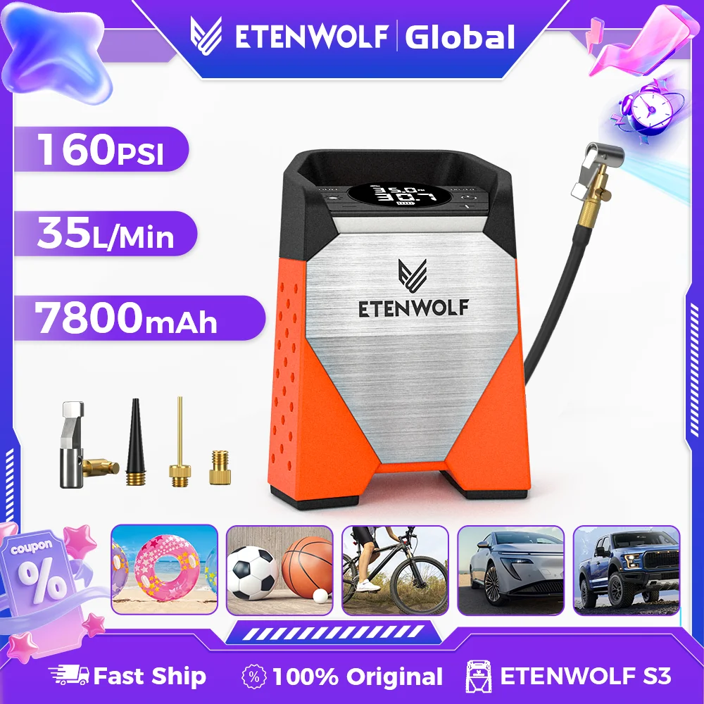 New ETENWOLF S3 Portable Tire Inflator 100% Duty Cycle 7800mAh Air Compressor 160 PSI for Cars Bikes Balls Air Pump