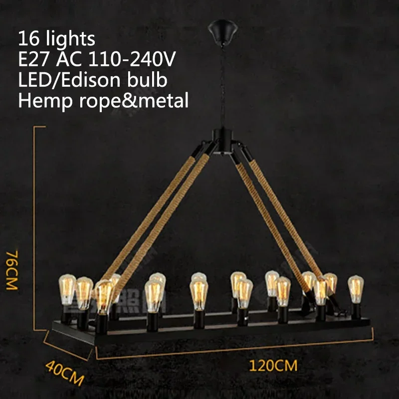 Loft Style Nordic Retro vintage Hemp rope square black / iron rust color Chandeliers E27 AC 110V 220V 16 lights Industrial lamp