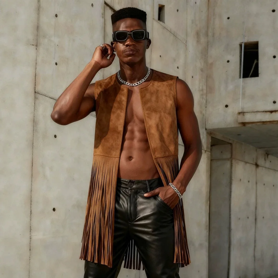 European American Vintage Fashion Men Brown Black Solid Color Sleeveless Loose Simple Basic Casual Daily Vests Male Coat Clothes