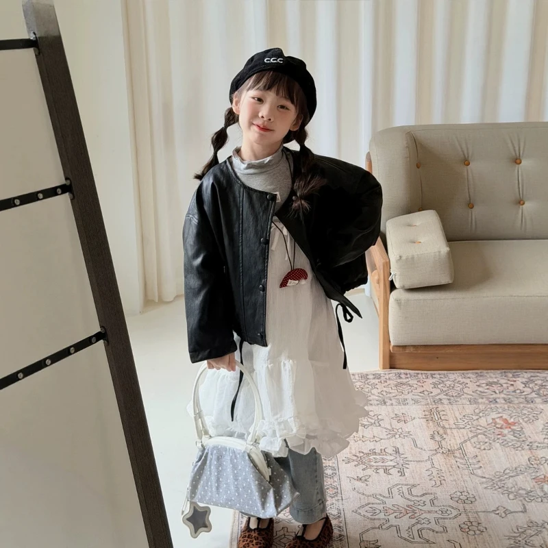 Girls' Spring and Autumn Korean Edition Premium Jacket, Children's Loose Round Neck Soft Leather Jacket