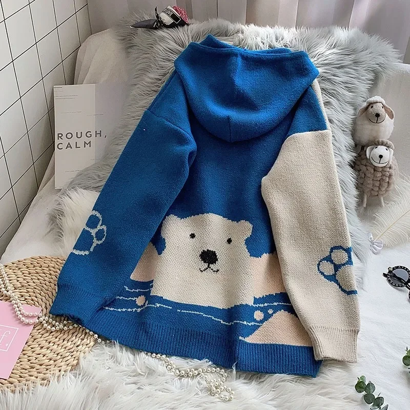  Winter Hooded Sweater And Pullovers Long Sleeve Bear Pattern Casual Jumpers Long Sleeve Pull Femme Patchwork Chic Knit Tops
