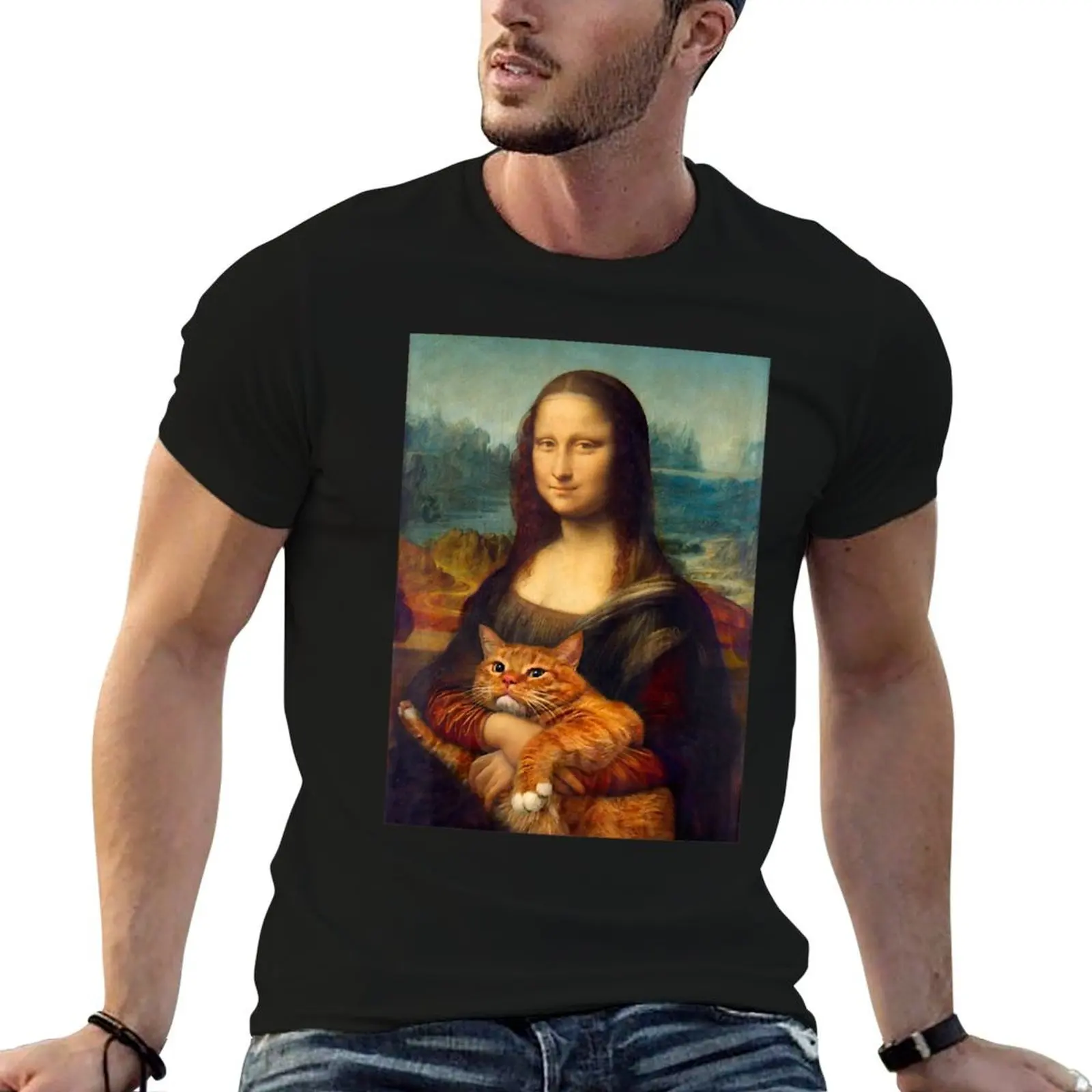 

Mona Lisa + Cat T-Shirt T-Shirt t shirts for man graphic vintage t shirt custom print T-Shirt