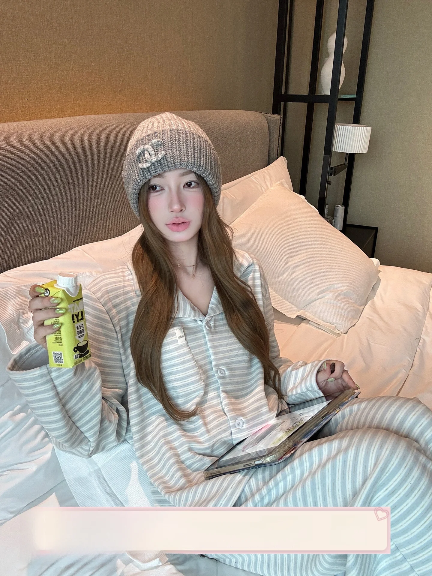 joycebra-korean-striped-collar-velvet-sleepwear-women's-autumn-winter-fleece-warmth-outdoor-home-clothes-set-long-sleeve-open
