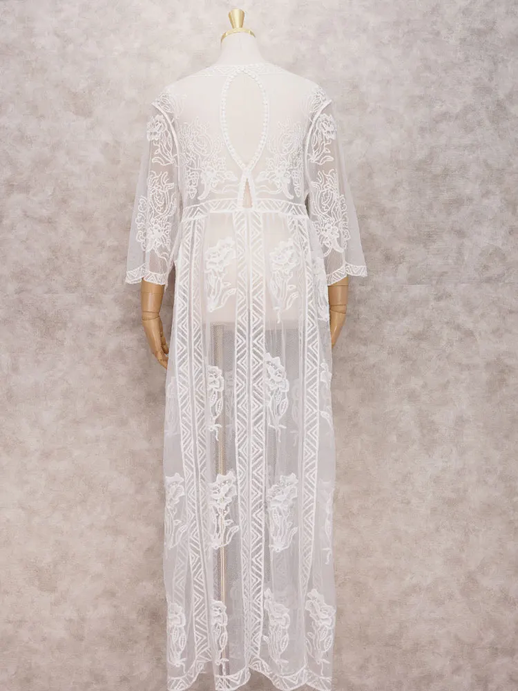 2023 Sexy See Through Open Back O-neck Summer Beach Dress White Lace Tunic Women Plus Size Sheer Beachwear Maxi Dress Q1136